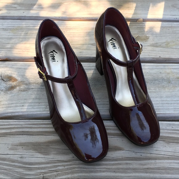 Fioni Burgundy/Wine Strap Block Heels - Picture 3 of 5